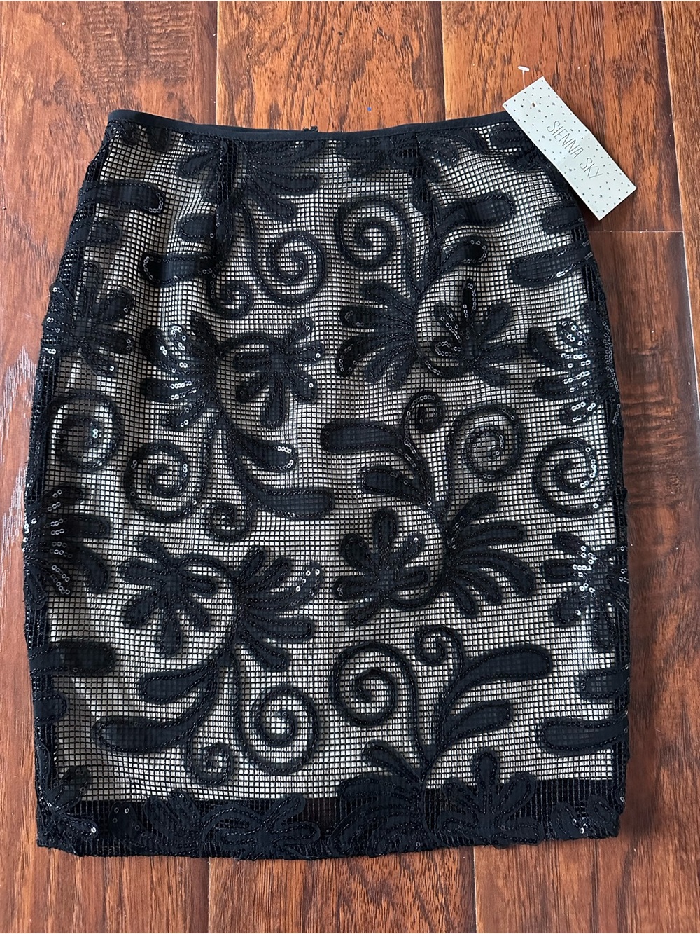 Sienna Sky Black Floral Embroidered Mesh Pencil Skirt